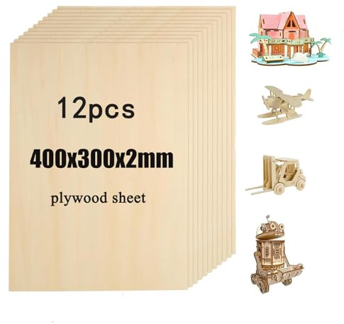 DAHI Plywoodskiva 2 mm, A3 300 × 400 mm, 12 stycken träskivor, pysselträ, snideri – perfekt för träskärningar, laserskärning, gravering, snideri och modellbygge
