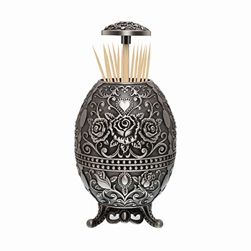 LAUYOO Portable Retractable Toothpick Holder with Bottle Opener Automatic Retro Pop Up Toothpick Dispenser Toothpicks Case Storage Organizer Container Decoration for Kitchen (Rose Flower- Tin Color)