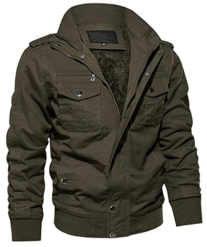 MAGCOMSEN Winterjacke Herren Fleecejacke Arbeitsjacke Baumwolle Reißverschluss Jacke Pilotenjacke Winter Armeegrün L