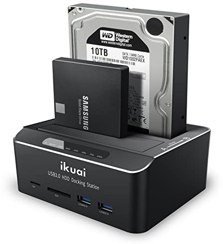 ikuai SATA to USB 3.0 Dual Bay Hard Drive Dock for 2.5/3.5 SATA HDD SSD with Micro SD Card Reader 2 USB 3.0 Port, Offline Clone Function External Hard Drive Docking Station, 2X20TB and UASP Support