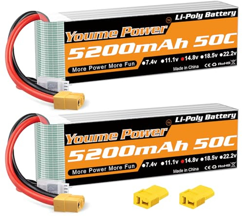 Youme 4s lipo Battery 5200mAh, 14.8v Lipo Battery 50C XT60 and Deans T Connector for RC Car, RC Truck, RC Truggy, RC Airplane UAV Drone FPV (2Packs)