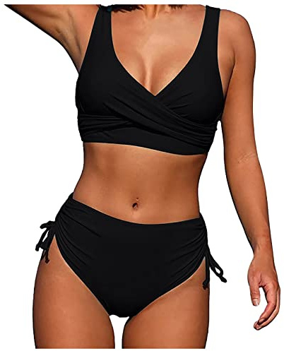 JJPAR Bikini Maillot de Bain Taille Haute Femme 2 Pieces Imprimé Feuilles Tankini Bustier Shorty Sexy Pas Cher Push Up Bresilien Bikini Rembourré Sport Plage