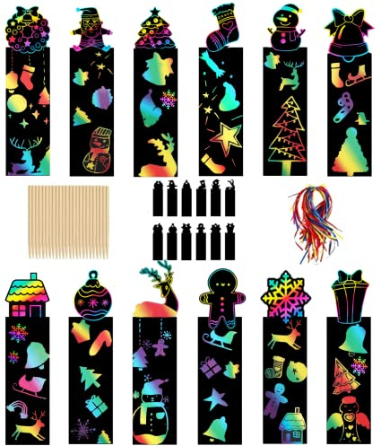 24 Stück Weihnachten Kratzbilder Für Kinder, Kratzbilder Lesezeichen, Lesezeichen Kinder mit Holzstiften und Bändern，Lesezeichen Personalisiert Mitgebsel Kindergeburtstag Junge und Mädchen.