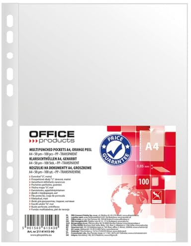 OFFICER PRODUCTS PRODUCTS 21141415-90/100 unidades/DIN A4/granulado superior abierto, fundas de plástico perforadas para documentos, papeles, archivos, carpetas/PP/transparente, 50 micras