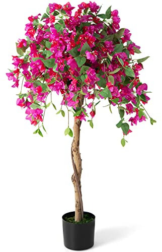 GIANTEX 135 cm konstträd, konstgjord växt, konstgjord azaleaträd med blommor, inomhusväxtdekoration i cementkruka, konstgjord krukväxt, dekorativ lans, konstgjord inredning för hem, kontor, restaurang