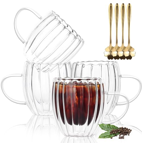 JNSMFC 250ML Double Wall Glass Coffee Mugs with Handle,Set of 4 Vertical Stripes Glass Coffee Cups with Spoon,Clear Ribbed Tea Cups, Insulated Glass Cups for Hot Cold Drinks,Cappuccino, Latte