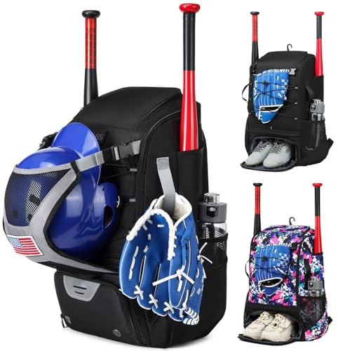 Softball Bat Bag for Youth & Adults, Baseball Equipment Backpack with Fence Hook & Shoe Compartment, Large Main Compartment for Helmet - Black