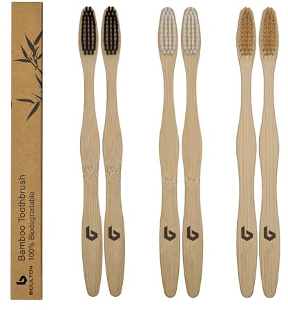 BOULTON Bamboo Toothbrushes – Pack of 6 | Eco Friendly Natural Wooden Toothbrush | Organic Biodegradable Handle | Plastic Free BPA Free Tooth Brushes | Natural Tooth Brush with Soft Bristles