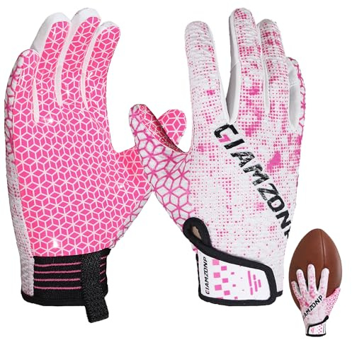 GIAMZONP Youth Football Gloves, Kids Receiver Gloves with Sticky Grip, Flag Football Glove, Best Gift for Boys Girls Ages 8–12 (Pink, Small)