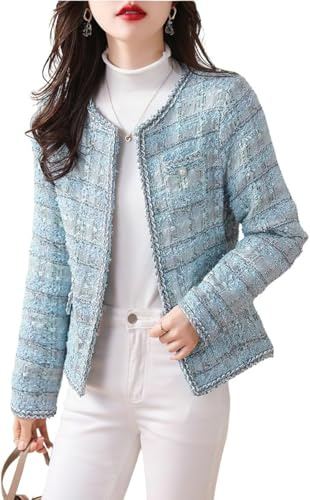 Cardigan élégant pour Femme Veste en Tweed Travail décontracté Cardigan de Bureau Haut Court Slim sans col Boutonné Veste de Costume d'affaires décontractée