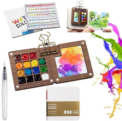 Ousinby Pocket Artist Watercolour Travel Set,Travel Paint Palette Mini Watercolour Paint Set 8 Grids Wooden Mini Sketchbook for Outdoors Painters Students Artists Drawing (15 Grids)