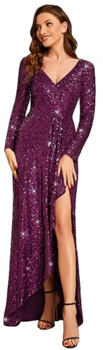 Ever-Pretty Women's Sexy Winter Sequin Dress Long Sleeves A-Line High Low Maxi Evening Dresses Dark Purple 12UK