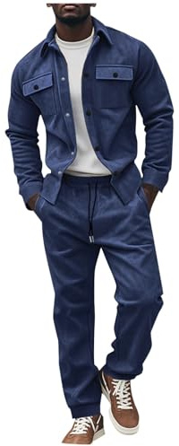 Cargo Tracksuit Men 2 Piece Outfits Button Down Suede Jacket and Pants Sets Athletic Sweatsuit with Flap Pockets