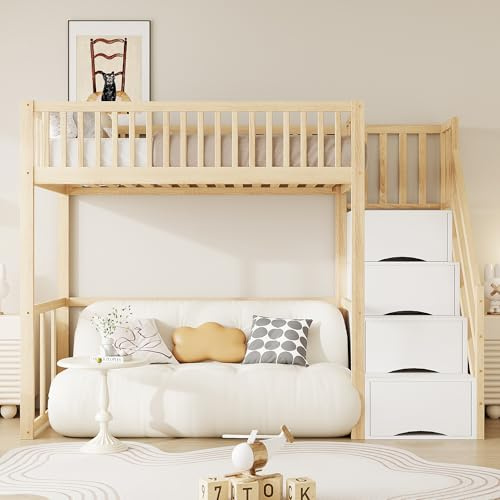 ZYLOYAL10 Hochbett 90x200 mit Sicherheits-Aufbewahrungsleiter, Bettgestell aus massivem Kiefernholz für Kinder und Jugendliche (Holzfarbe)
