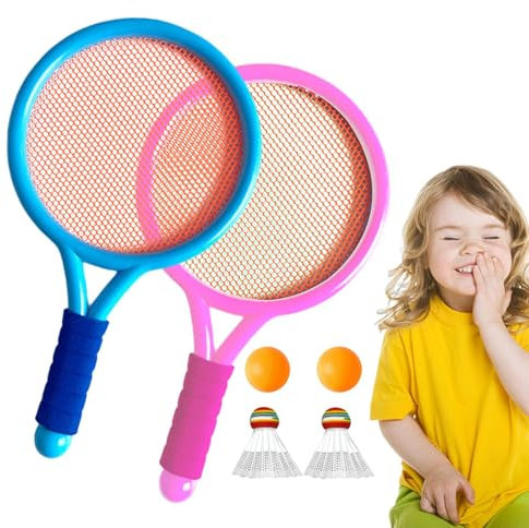 Kinder Badminton Schläger Set, Kinder Tennisschläger - Anti-Slip-Schockgriff Griff Kinder Tennis Trainer - Mit 2 runden Bällen 2 Shuttlecocks schockabsorbierende Grip Ballschlägerspielzeug für