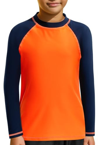 MASOCIO UV Shirt Kinder Langarm Badeshirt Jungen Schwimm T Tshirt Schwimmshirt Kind Wasser Surfshirt Langarmshirt Rashguard Rash Guard Bade Kleidung Junge 7-8 Jahre Gr 122-128 Orange Marineblau