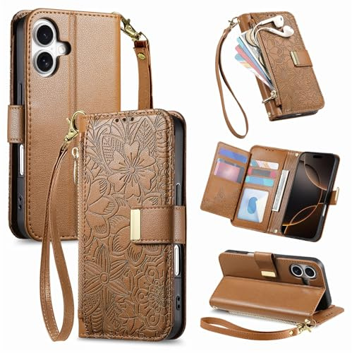 Fertuo Cover per iPhone 16, Fiori Custodia a Libro Portafoglio Antiurto in Pelle PU Flip Case Interna Silicone con Porta Carte, Supporto, Chiusura Magnetica e Cinturino, Marrone