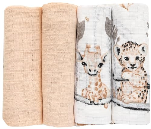 FENSILO dregellappar, muslinblöjor, 4-pack, 70 x 80 cm, muslindukar, babytygblöjor för pojkar och flickor, beige, giraff