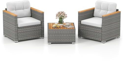 COSTWAY 3 Pieces Patio Bistro Set, PE Rattan Garden Coffee Table and Sofa Chairs Set with Cushions, Outdoor Furniture Wicker Conservatory Set for Balcony Yard Poolside