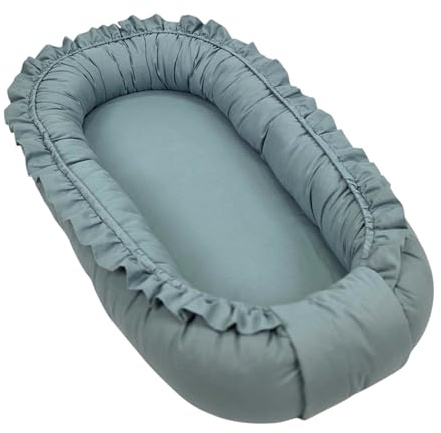 WIKLINOPOL Babynest per neonati – Nido per bebè 85x45 cm in kaki con volant – Nido portatile con materasso – Nido lavabile in 100% cotone – Sicuro per casa e viaggi