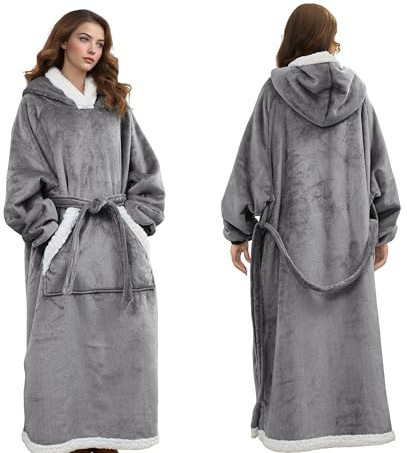 Oversized Wearable Hoodie Blanket Soft Sherpa Fleece with Big Pocket & Adjustable Belt, Warm Cosy Adult Blanket for Home, Unisex Gift for Men & Women, Light Grey