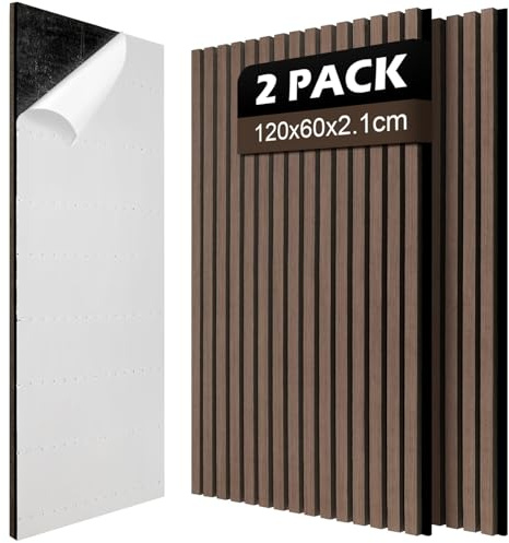 Ansobea Lot de 2 panneaux acoustiques autocollants en bois - 1,44 m² - 120 x 60 cm - Revêtement mural intérieur 3D - Isolation acoustique - Réduction de l'écho - Pour salon, bureau et couloir - Noyer