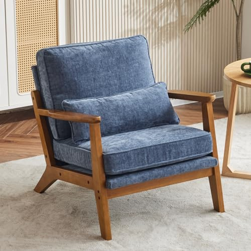 Bonnlo Accent Chair, Soild Wood Padding Lounge Armchairs, Occasional Reading Chair with Cushions and Lumbar Pillow, Armchairs for Living Room, Bedroom, Guest Room (Sea Blue)