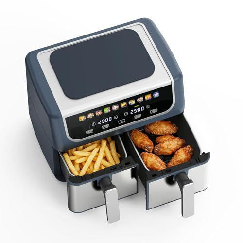 KMFurnila 2 Baskets Air Fryer 9.5 QT, 10 in 1 Dual Air Fryers with Ceramic Crisper Plate, 80-450°F Wide Temp, Smart Cooking Mode with Match & Sync Cook, Shake Reminder, Roast, Defrost, Bake, Grey