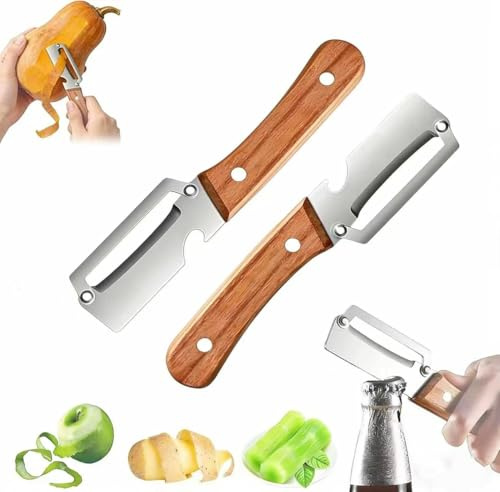 2PC Wooden Peeler, 2-in-1 Multifunctional Stainless Steel Peeler,Multifunctional Vegetable Peeler,Kitchen Peeler with Non-Slip Handle, Bottle Opener, for Fruits, Sugar Cane, Pumpkin