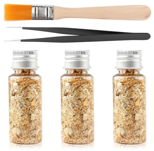 NYVOR Bladguld 3 flaskor bladguldblad med pincettpensel, multifunktionell dekorativ folie papper blad guldblad, guldfolie papper för kök mousse kaka bakning bakverk choklad hantverk