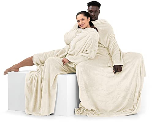 DecoKing Coperta con Maniche per TV in Microfibra e tasca Morbido Poliestere Crema 150 x 180 cm Lazy