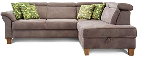 Cavadore Ecksofa Ammerland mit Ottomane rechts / Federkern-Sofa im Landhausstil mit verstellbaren Kopfstützen / 245 x 84 x 194 / Lederoptik hellbraun