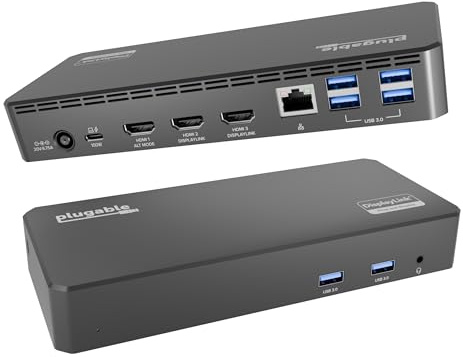 Plugable USB C Triple Display Docking Station | 100W PD, 3x HDMI (1x 4K 30Hz, 2x 1080p 60Hz), 6x USB 5Gbps Ports | Windows, macOS, ChromeOS Compatible - Enhance Productivity with Multi-Monitor Support