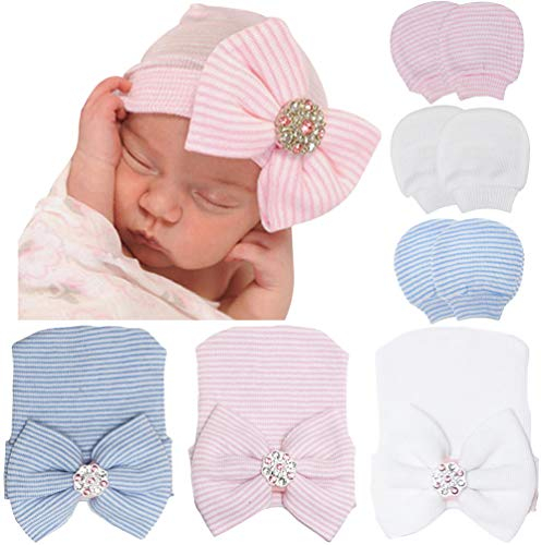 DRESHOW Neugeborene Baby Mütze Fäustlinge Krankenhaus Hut Beanie Säuglingshüte mit Schleife Baby Handschuhe for 0-3 Monate