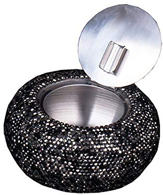Bestbling Rhinestone Ashtray with Lid, Flip Top Stainless Steel Tabletop Ashtray for Smokers, Desktop Smoking Ash Holder for Home & Office Decoration (Black)