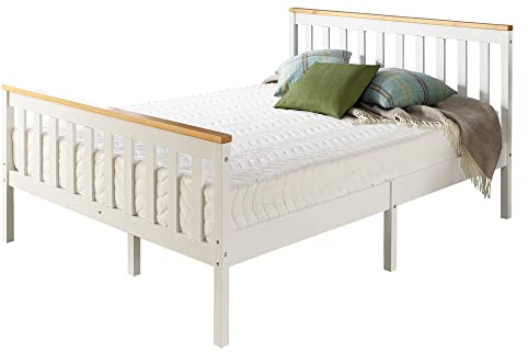 Aspire Beds Atlantic Solid Wood White Shaker Bed Frame with Natural Wood Highlights (UK King (150 x 200 cm))