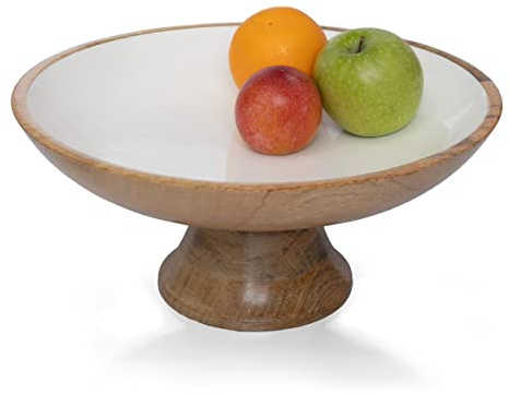 Folkulture White Fruit Bowl for Kitchen Counter or Wooden Fruit Bowls, 12-Inch Pedestal Bowl for Table Centerpieces, Wooden Bowls for Décor or Breads and Fruits, Mango Wood, White