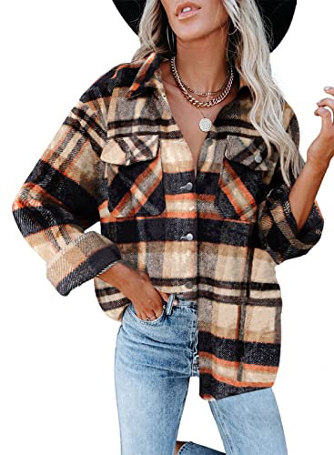 Iris Sprite Flannel Plaid Shirt for Women Long Sleeve Shirts Button Down Corduroy Shirt Shackets(Plaid Orange,X-Large)