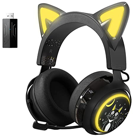 Somic Casque de Jeu sans Fil, Casque Bluetooth pour Smartphone, Micro rétractable, Son Surround 7.1, Pilotes 50 mm, éclairage RVB, Joli Casque d'oreille de Chat pour Filles Noir