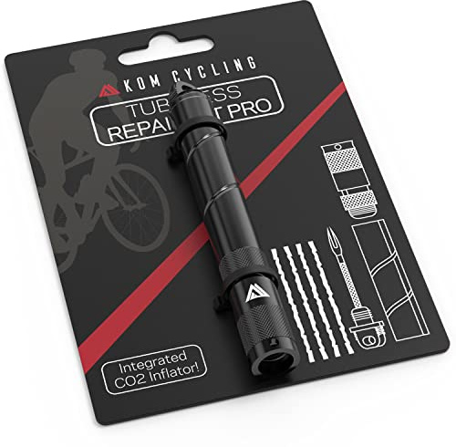 KOM Cycling, Reparaturset für schlauchlose Fahrradreifen, 8 Farben Repariert Reifenpannen bei Mountainbikes und Rennrädern (schwarz, PRO mit CO₂-Aufblasgerät)