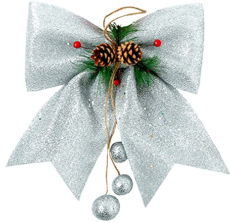 Silver Glitter Christmas Wreaths Bow Large Sequin Ties,9.8x10.6in Silver Bow for Christmastree,Foam Bow Xmas Tree Decoration for Christmastree Ornament,Wreath Making,Garland,Gift Wrapping