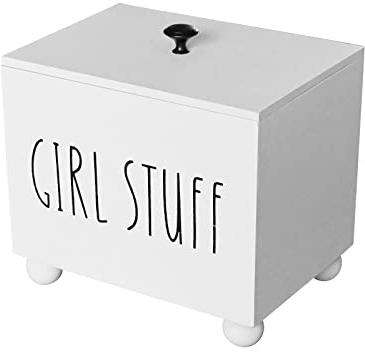 Rustic Wood Pad Storage Container with Lid - Farmhouse Period Organizer for Women, Feminine Products Caddy, White Bathroom Accessories Decor Box