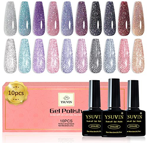 Yueshop 10 Pcs Reflective Glitter Gel Nail Polish Set - Shiny Glitter Silver Pink Purple Blue Sparkling Diamond Gel Nail Polish, Soak Off UV Gel Nail Art Manicure Varnish Kit Beauty, 8ml