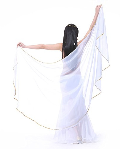 XChangeFun Bufanda semicírculo de gasa para mano, traje de danza del vientre, bufanda de cadera, ribete de lentejuelas, chales dorados, velos, Blanco, 98.43 x 47.24 inch (250cm*120cm)