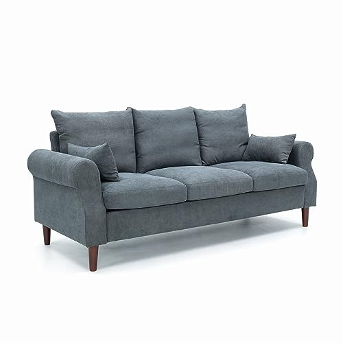 Panana 3 Seater Sofa,Rolled Armrest Design Upholstered Gray Linen Solid Wood Legs Couch,195 x 80 x 80 cm