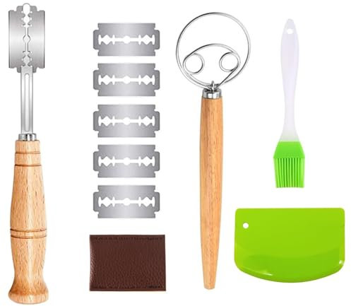 TMRBBesty Bäckermesser rasierklinge für Brot Beschneiden - Brot Backen Zubehör - 10 Stück [inkl.] Teig Schneebesen,Brot backen schaber,Backen Bürste,5 Klingen und 1 Lederetui für DIY Brot Backen