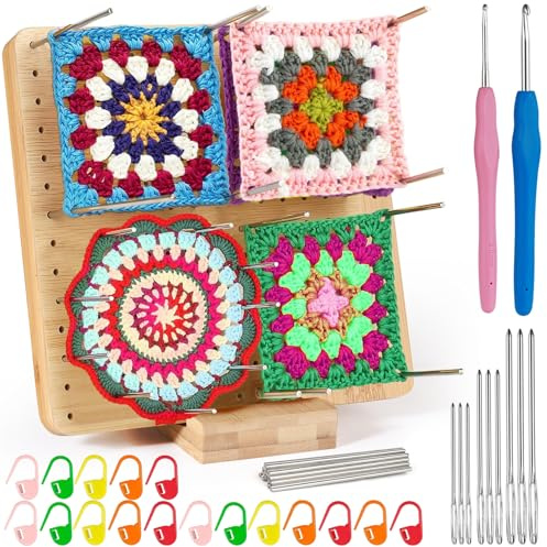 Annyswit Planche de Blocage pour Crochet Granny Square 19.5 x 19.5 cm Bois avec 20 Épingles en Acier Inoxydable 9 Aiguilles à Laine 2 Crochets 20 Marqueurs Planche pour Projets de Crochet et Tricot