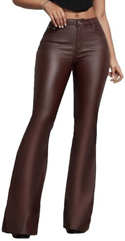 Lover Premium Women's Faux Leather Coated Flare Pants Mid Waist PU Skinny Black Leggings Bell Bottom Pants with Pockets