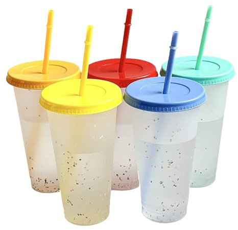Lot de 5 gobelets en plastique avec paille - Grande capacité - Pour boissons froides - Tendance - Pour fête, voyage