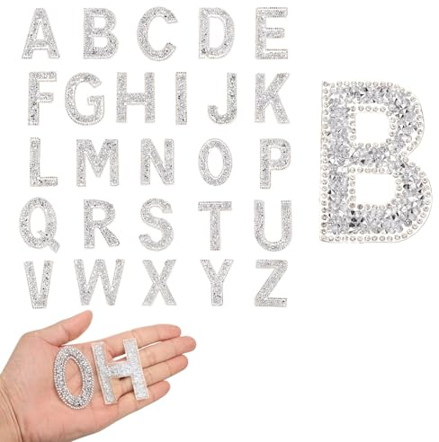 QUARKZMAN 26 stycken strass-bygelbokstäver, A-Z självhäftande glittrande strass-alfabet-bokstäver klistermärken applikationer för gör-det-själv-jackor, hattar, kläder, ryggsäckar, silver